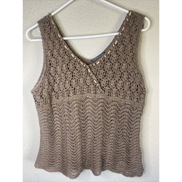 Sigrid OLsen Silk Linen Knit tank Wood Bead Vneck Boho lagen Large Beach - Picture 1 of 13